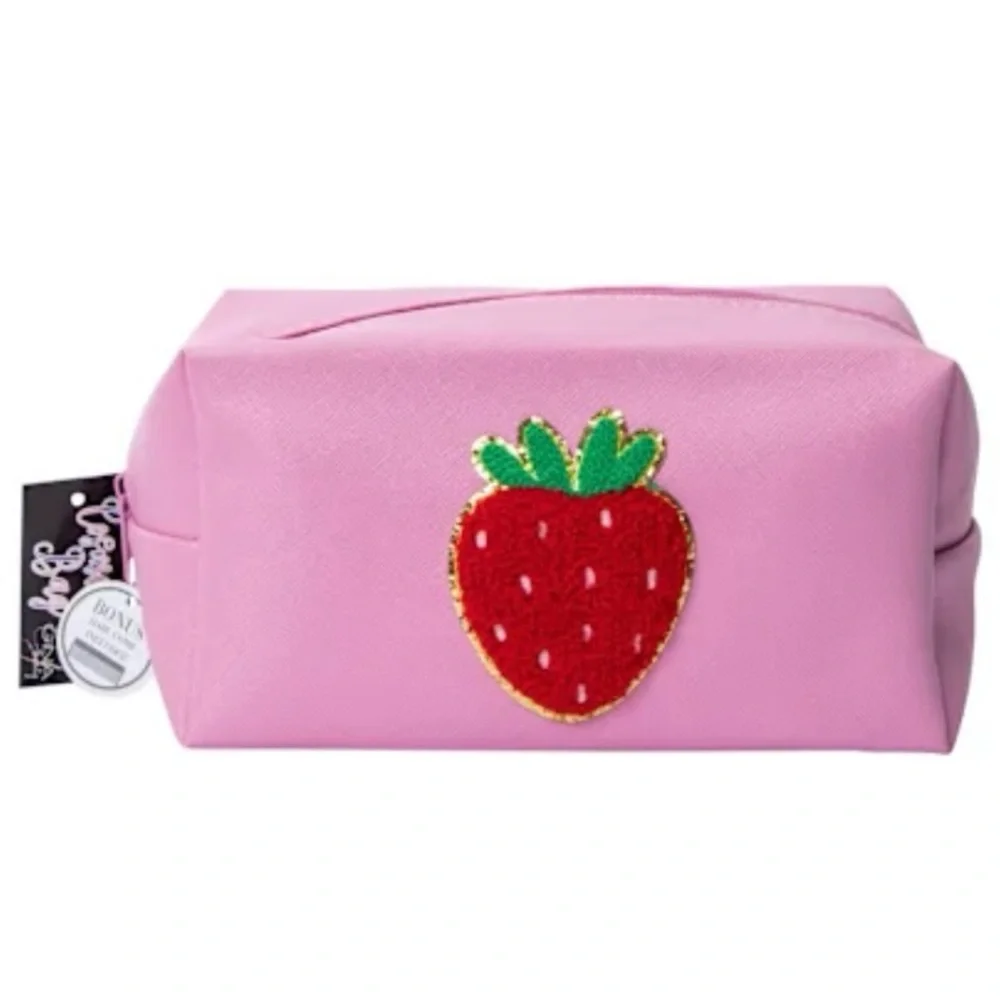 Pink Cosmetic Bag with Strawberry Patch